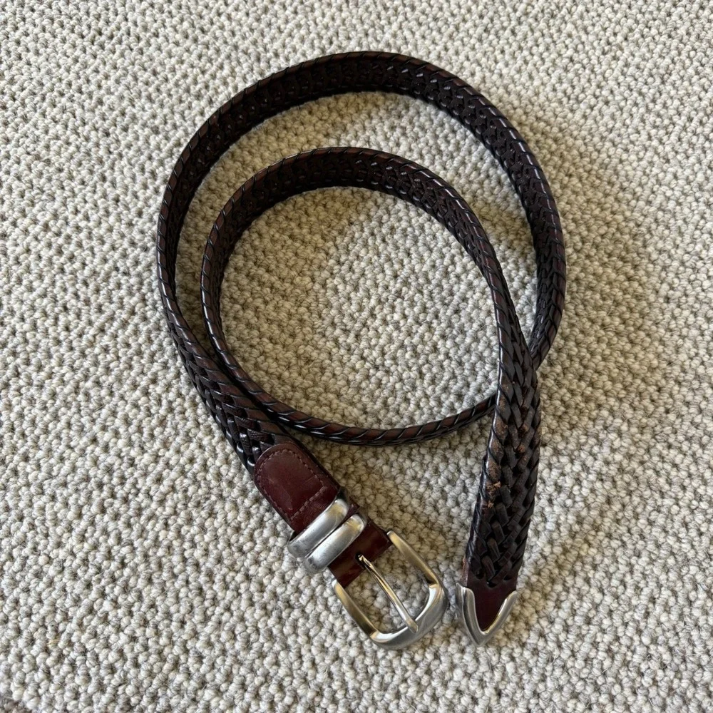 Mens Dark Brown Woven Braided Leather Belt Silver Buckle Metal Tip Size 40